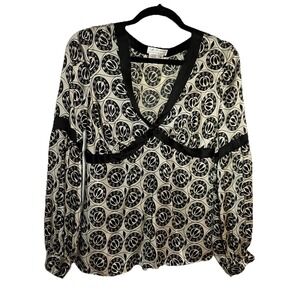 Y2K Max Studio Silk Blouse Womens M Black White Geometric Whimsigoth Fairy
